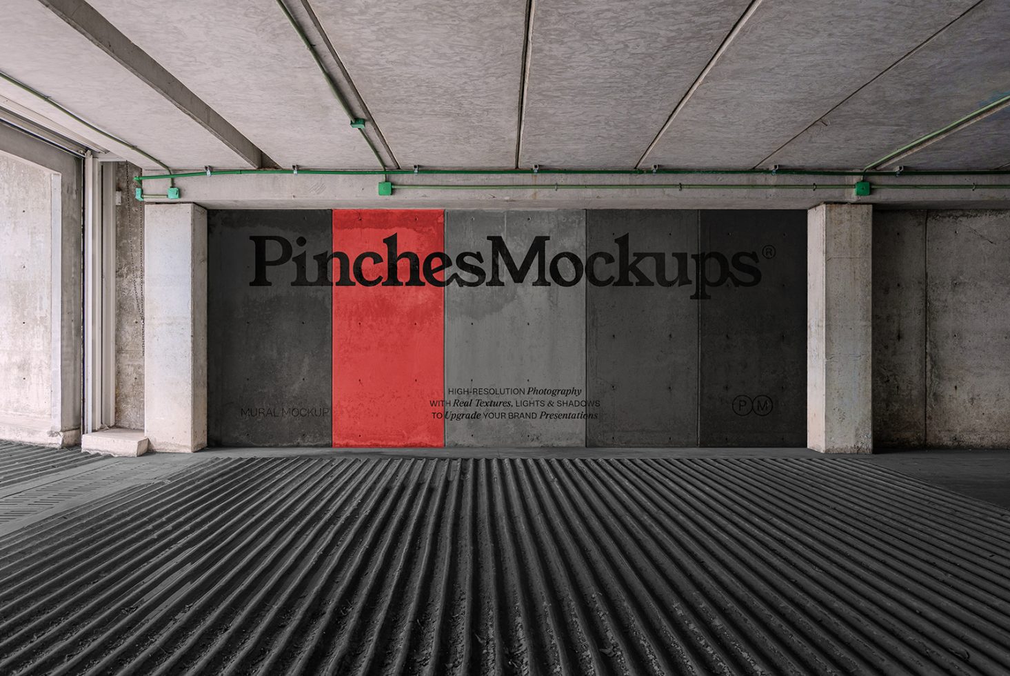 Underground parking lot wall with a stylish mural mockup featuring realistic textures, ideal for brand presentations in graphics category.